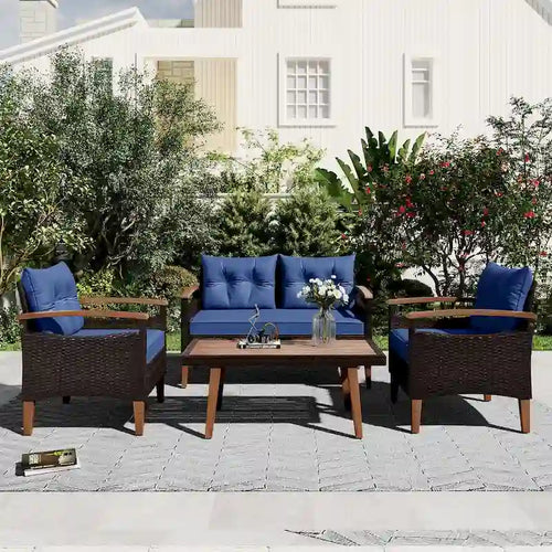 4-Piece Garden Furniture, Patio Seating Set,PE Rattan Outdoor Sofa Set,Wood Table and Legs