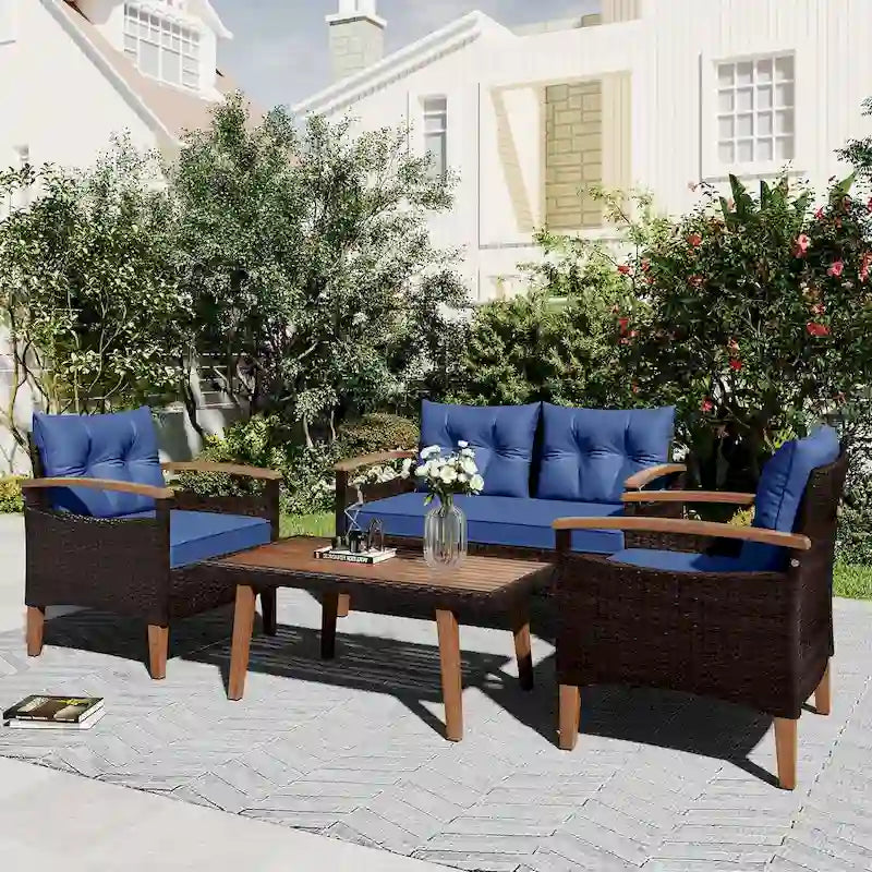 4-Piece Garden Furniture, Patio Seating Set,PE Rattan Outdoor Sofa Set,Wood Table and Legs