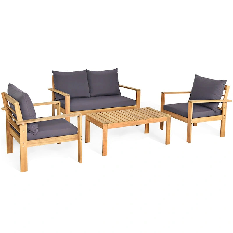 4PCS Outdoor Cushioned Wooden Conversation Set Patio Furniture Set