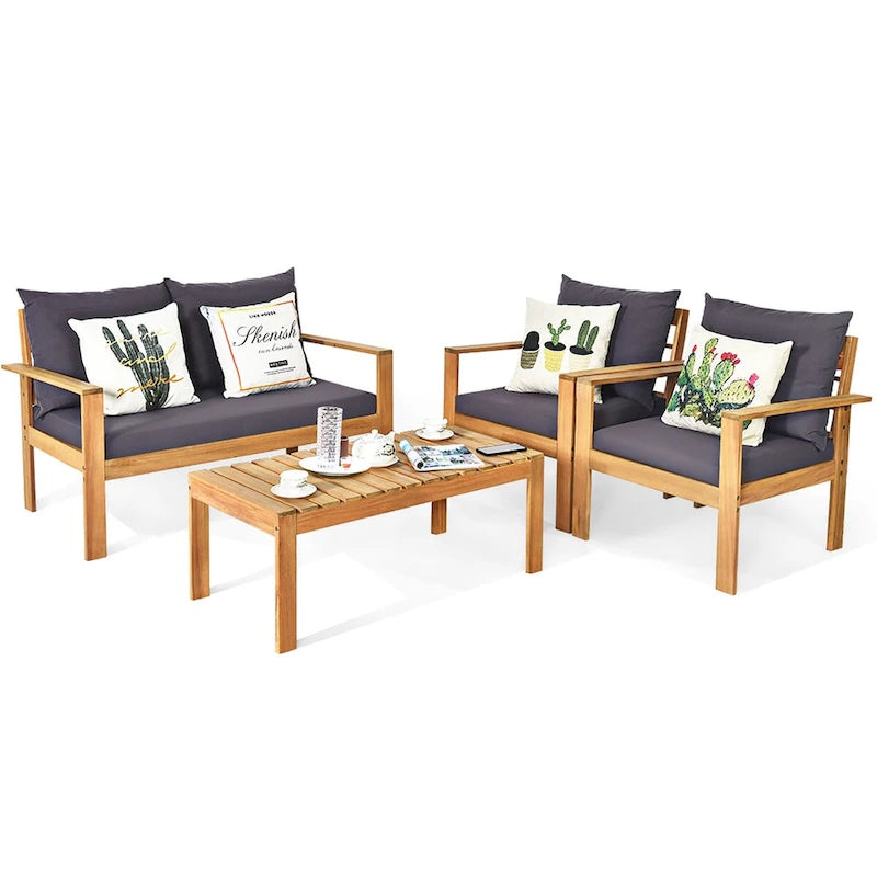 4PCS Outdoor Cushioned Wooden Conversation Set Patio Furniture Set
