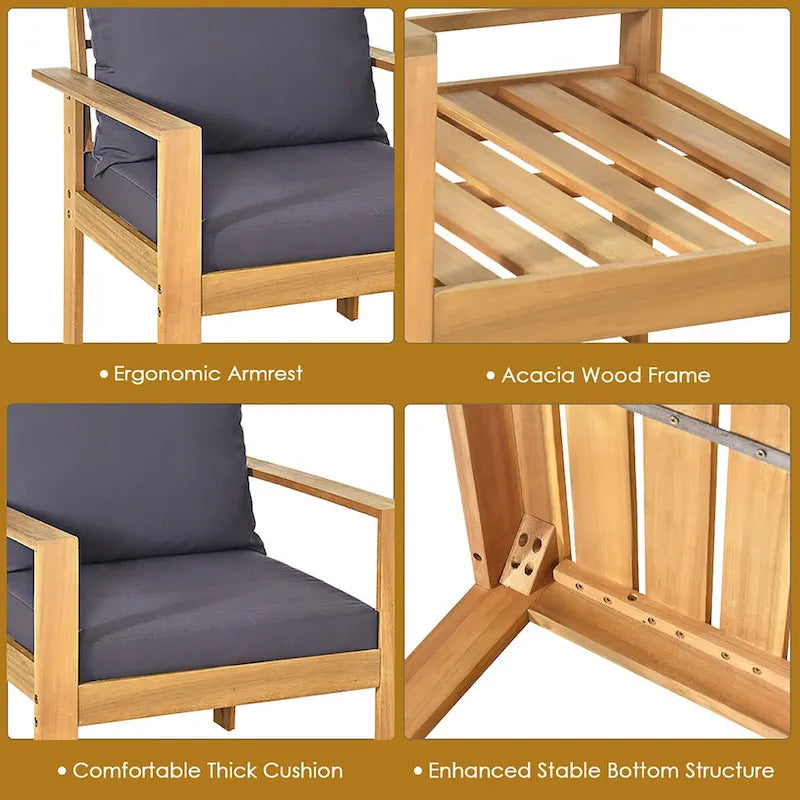 4PCS Outdoor Cushioned Wooden Conversation Set Patio Furniture Set