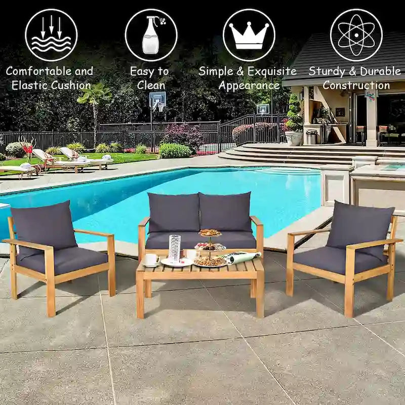 Outdoor Cushioned Wooden Conversation Patio Furniture
