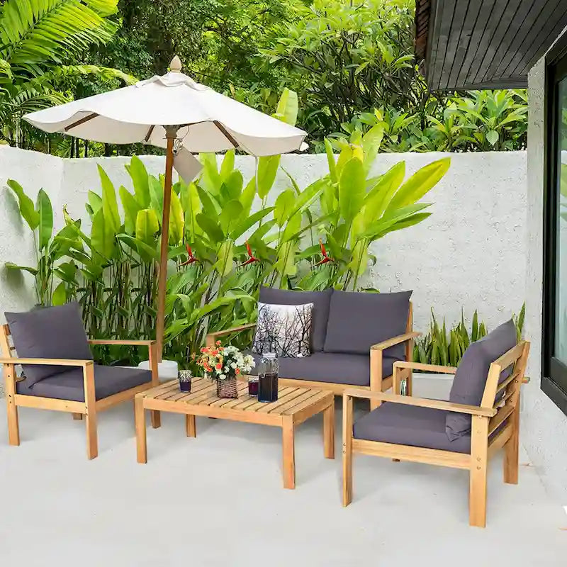 4PCS Outdoor Cushioned Wooden Conversation Set Patio Furniture Set