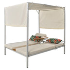Beige Outdoor Sun Lounger with Adjustable Canopy, Table, Three-Position Backrest, and Floral Cushioned, Durable Metal Frame