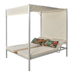 Beige Outdoor Sun Lounger with Adjustable Canopy, Table, Three-Position Backrest, and Floral Cushioned, Durable Metal Frame