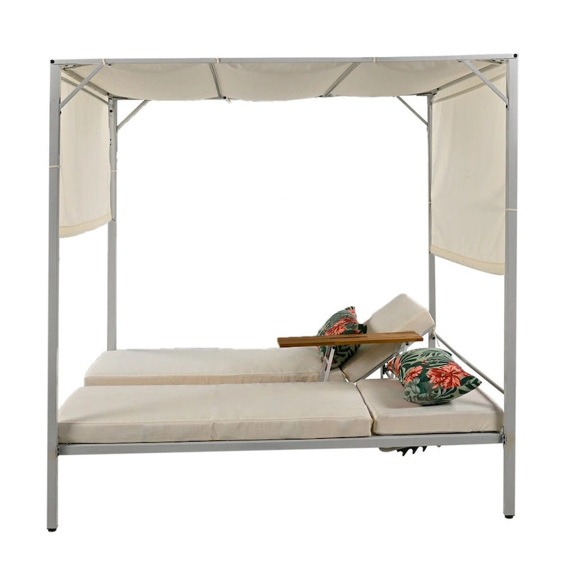 Beige Outdoor Sun Lounger with Adjustable Canopy, Table, Three-Position Backrest, and Floral Cushioned, Durable Metal Frame