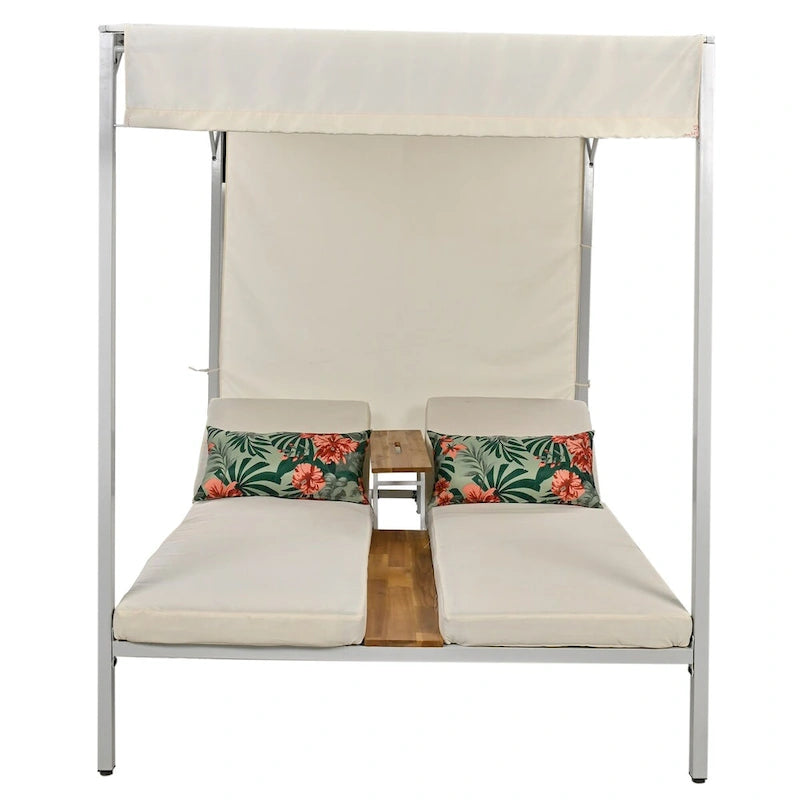 Beige Outdoor Sun Lounger with Adjustable Canopy, Table, Three-Position Backrest, and Floral Cushioned, Durable Metal Frame
