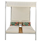 Beige Outdoor Sun Lounger with Adjustable Canopy, Table, Three-Position Backrest, and Floral Cushioned, Durable Metal Frame