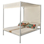Beige Outdoor Sun Lounger with Adjustable Canopy, Table, Three-Position Backrest, and Floral Cushioned, Durable Metal Frame