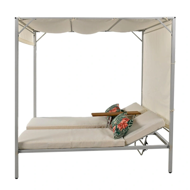 Beige Outdoor Sun Lounger with Adjustable Canopy, Table, Three-Position Backrest, and Floral Cushioned, Durable Metal Frame