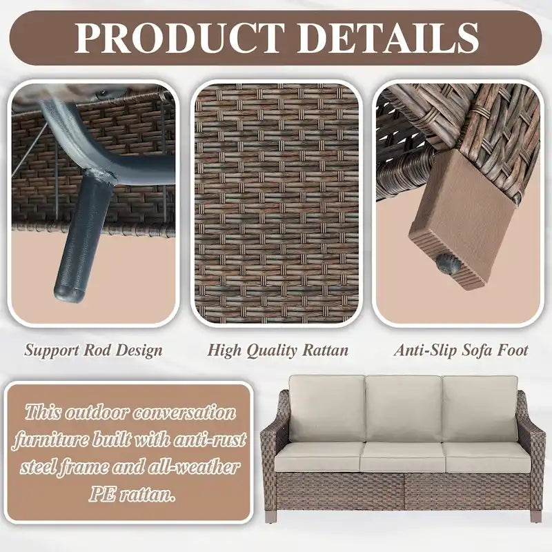 Rattan Patio Sofa Chair Set with Ottomans - Brown