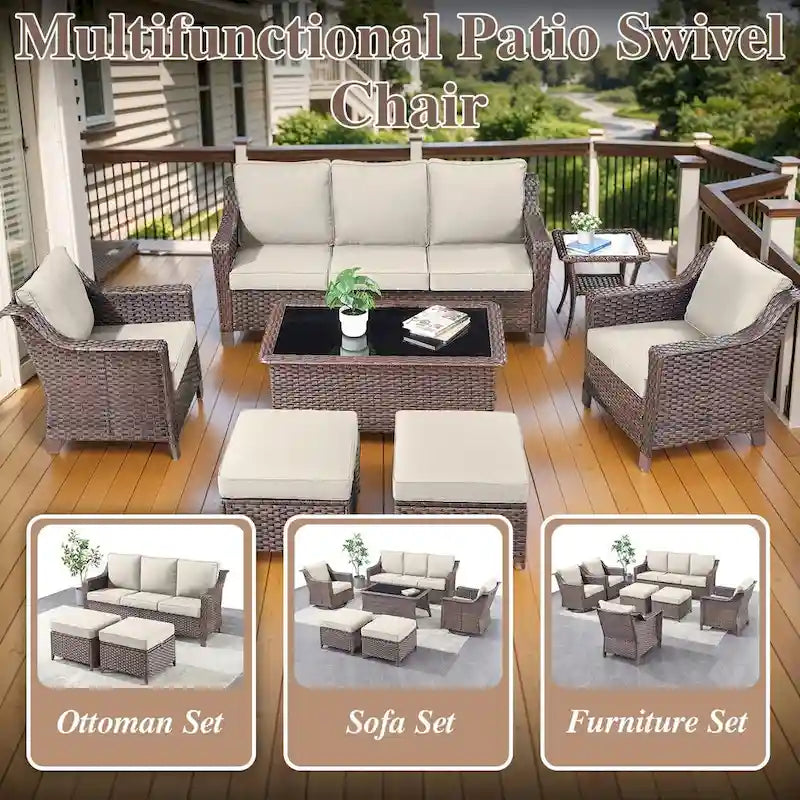 Rattan Patio Sofa Chair Set with Ottomans - Brown