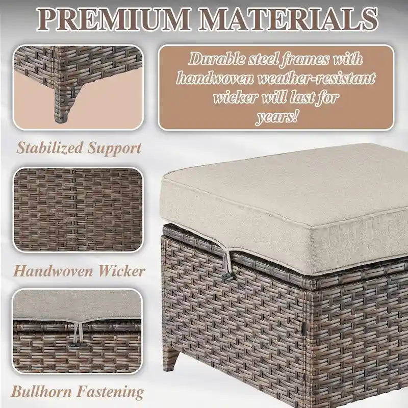 Rattan Patio Sofa Chair Set with Ottomans - Brown
