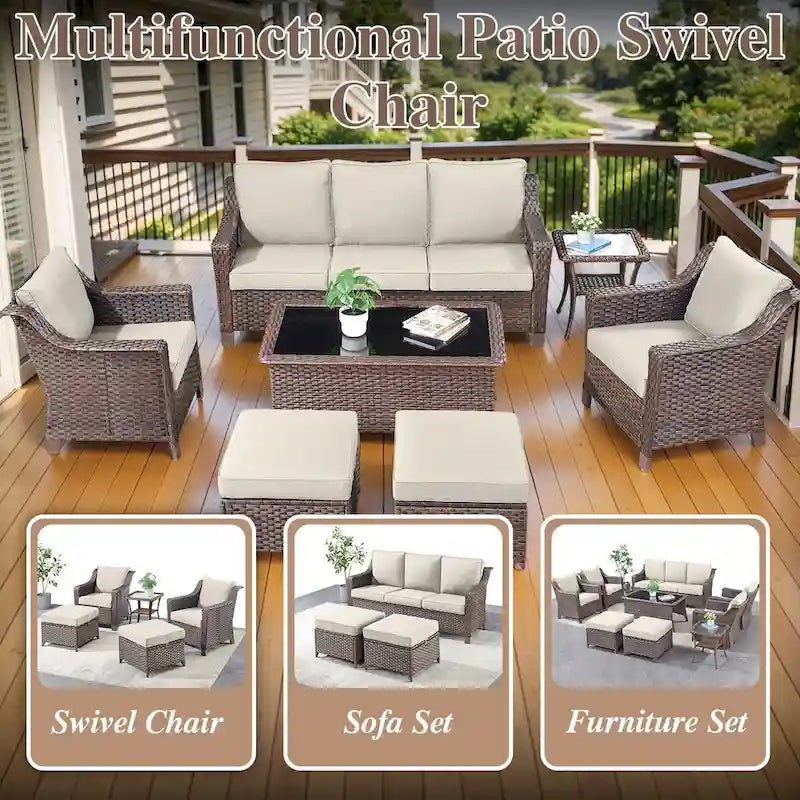 Rattan Patio Sofa Chair Set with Ottomans - Brown
