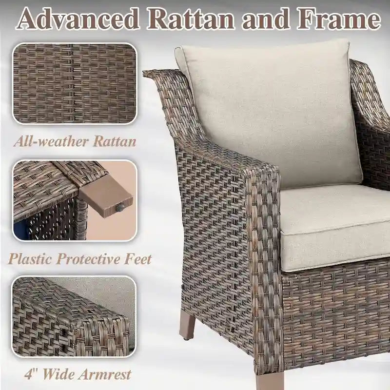 Rattan Patio Sofa Chair Set with Ottomans - Brown