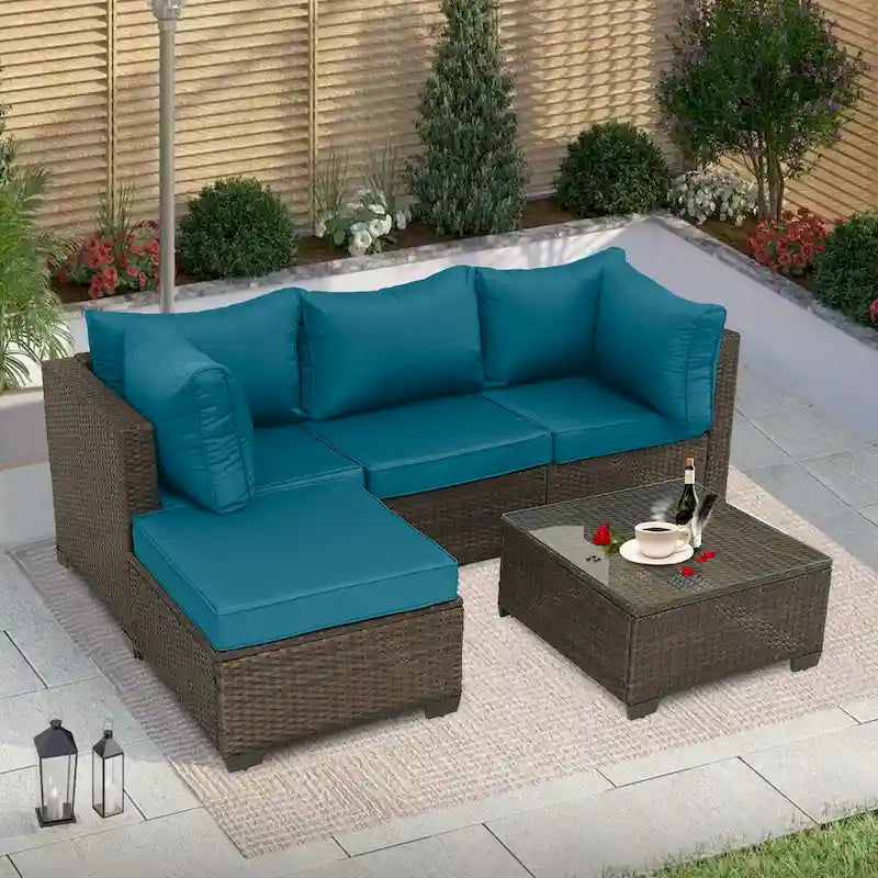 5-Piece Brown Wicker Outdoor Sectional Set with Cushions and Coffee Table