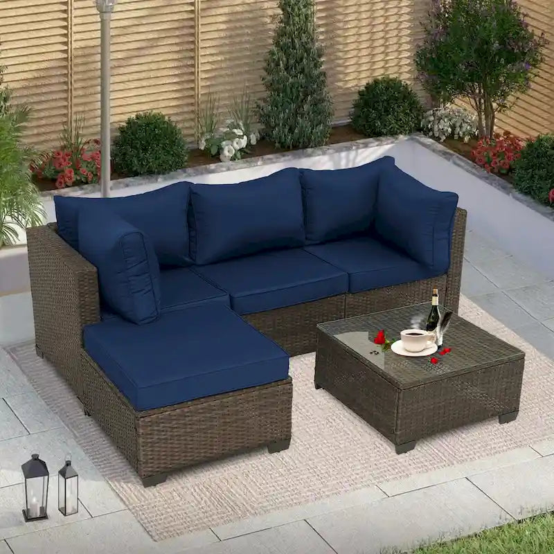 5-Piece Brown Wicker Outdoor Sectional Set with Cushions and Coffee Table