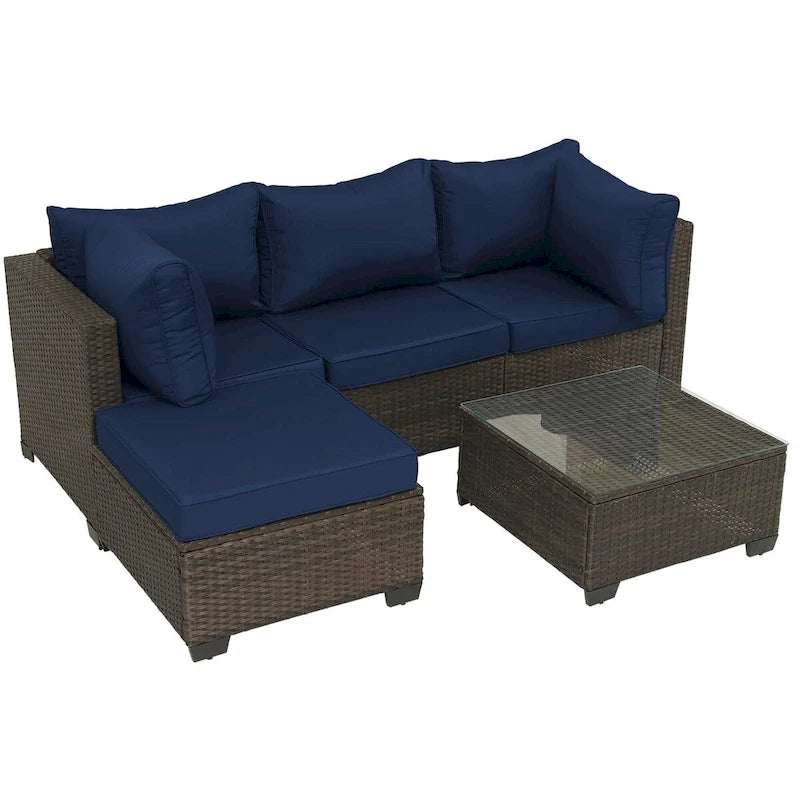 5-Piece Brown Wicker Outdoor Sectional Set with Cushions and Coffee Table