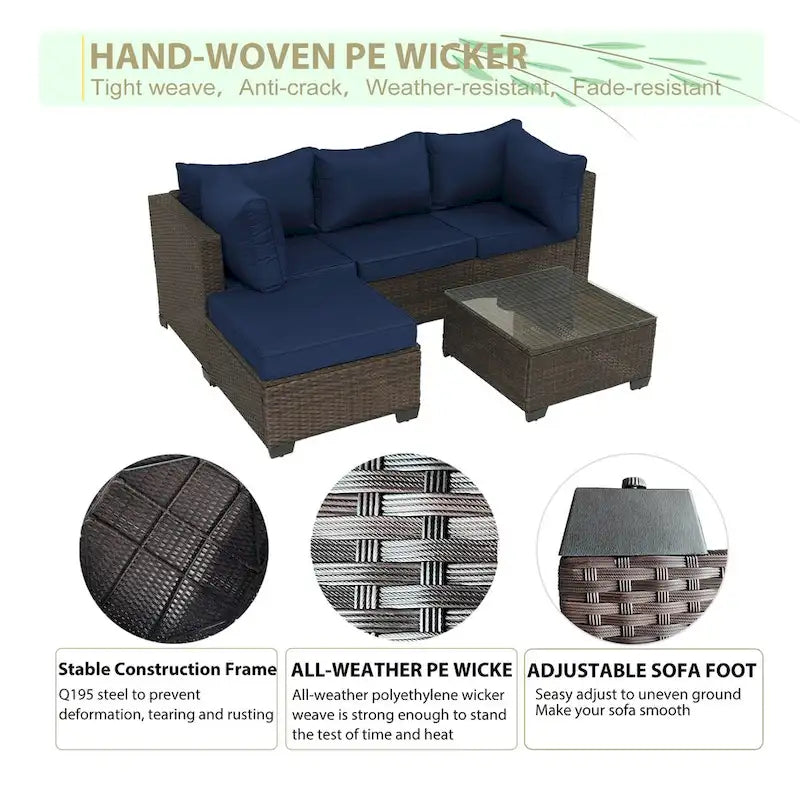 5-Piece Brown Wicker Outdoor Sectional Set with Cushions and Coffee Table