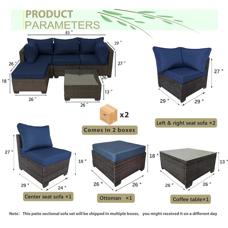 Brown Wicker Outdoor Sectional with Cushions and Coffee Table