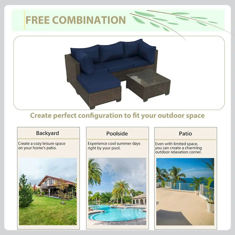 Brown Wicker Outdoor Sectional with Cushions and Coffee Table