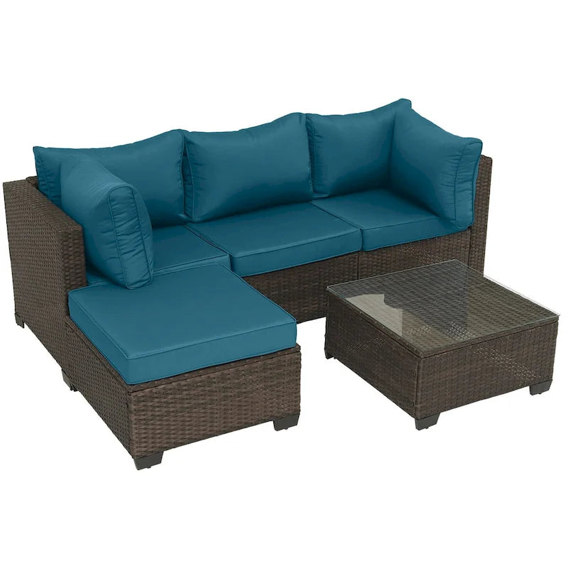 Brown Wicker Outdoor Sectional with Cushions and Coffee Table