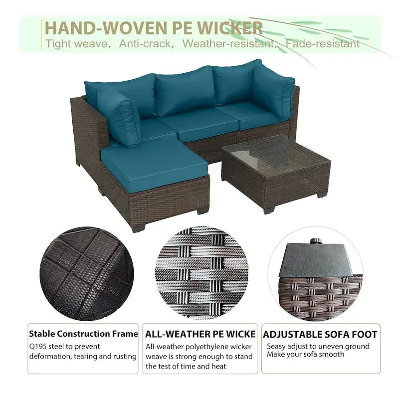 Brown Wicker Outdoor Sectional with Cushions and Coffee Table