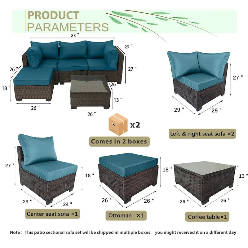 Brown Wicker Outdoor Sectional with Cushions and Coffee Table