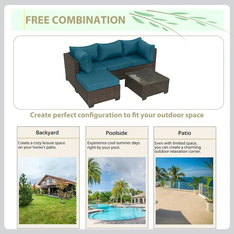 Brown Wicker Outdoor Sectional with Cushions and Coffee Table