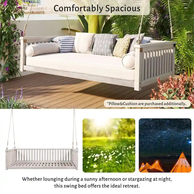 Patio Minimalist Twin Size Garden Swing Bed Wood Porch Swing with Ropes for Backyard, Safe Sloped Design, White