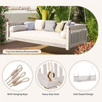 Patio Minimalist Twin Size Garden Swing Bed Wood Porch Swing with Ropes for Backyard, Safe Sloped Design, White
