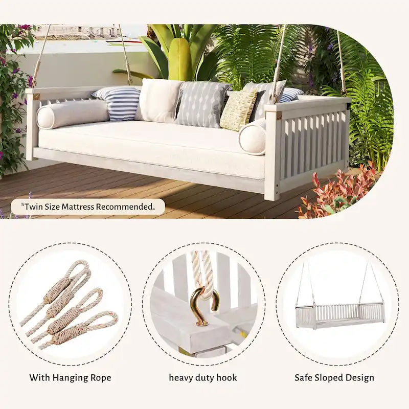 Patio Minimalist Twin Size Garden Swing Bed Wood Porch Swing with Ropes for Backyard, Safe Sloped Design, White