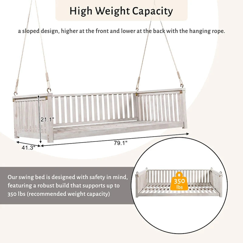 Patio Minimalist Twin Size Garden Swing Bed Wood Porch Swing with Ropes for Backyard, Safe Sloped Design, White