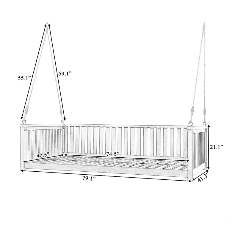 Patio Minimalist Twin Size Garden Swing Bed Wood Porch Swing with Ropes for Backyard, Safe Sloped Design, White