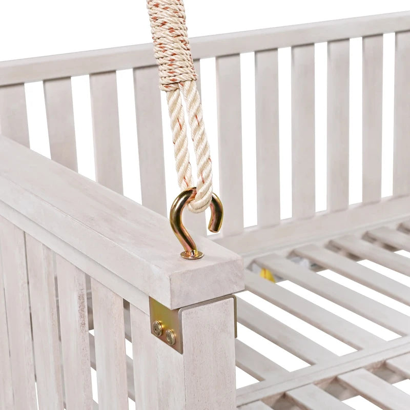 Patio Minimalist Twin Size Garden Swing Bed Wood Porch Swing with Ropes for Backyard, Safe Sloped Design, White