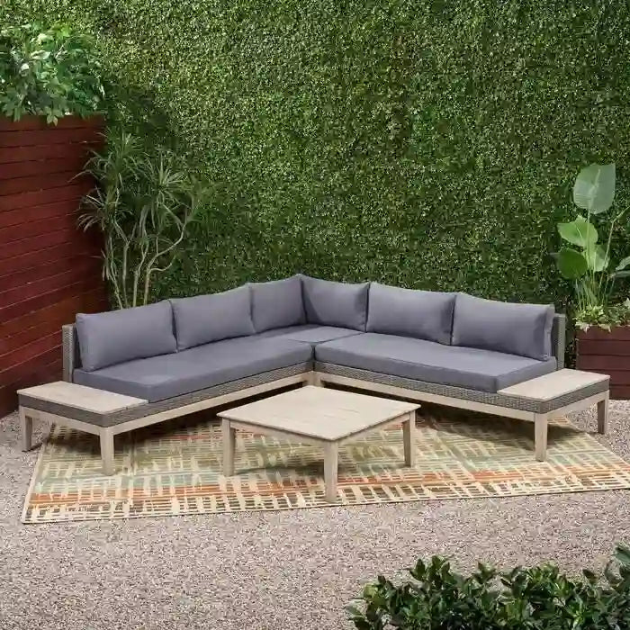 Outdoor Acacia Wood & Wicker Sectional Sofa