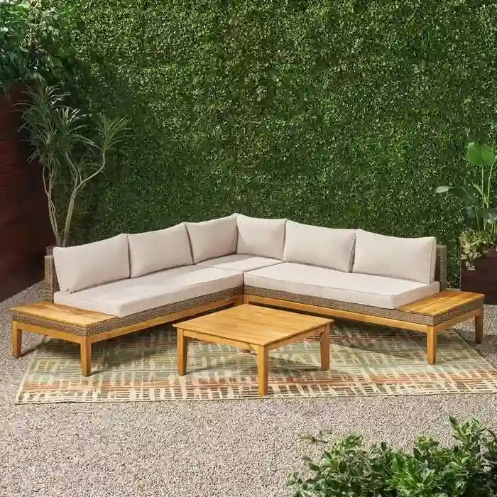 Outdoor Acacia Wood & Wicker Sectional Sofa