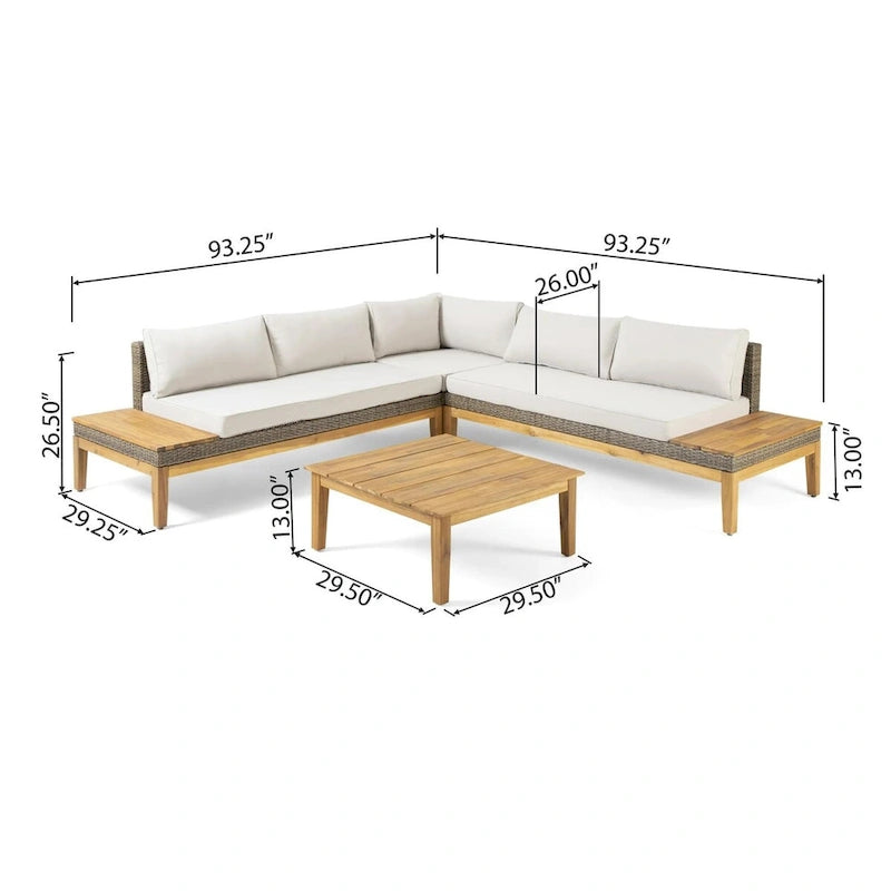 Outdoor Acacia Wood & Wicker Sectional Sofa