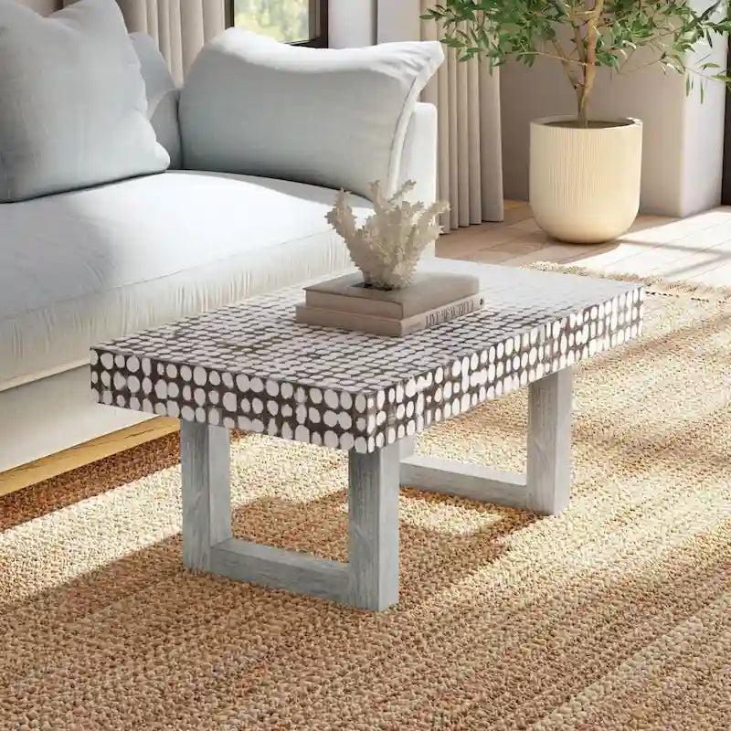 Handcrafted Distressed White Coconut Shell Coffee Table by East at Main