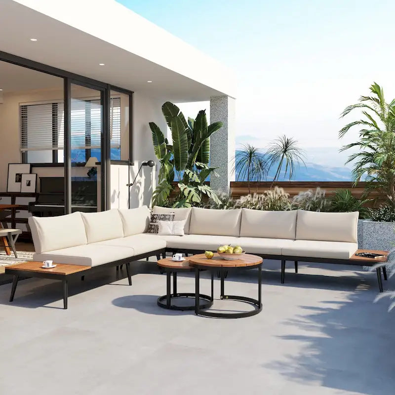 Outdoor Sectional with Cushioned Seating - Sturdy Acacia Wood, Rustic Style