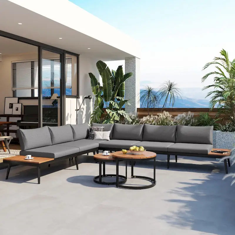 Outdoor Sectional with Cushioned Seating - Sturdy Acacia Wood, Rustic Style