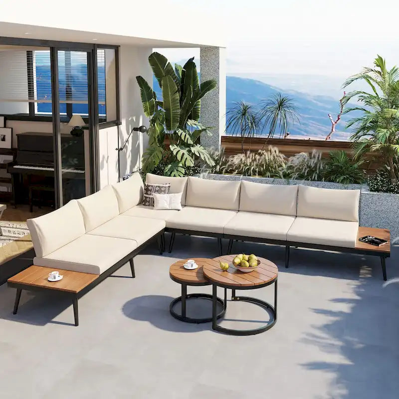 Outdoor Sectional with Cushioned Seating - Sturdy Acacia Wood, Rustic Style