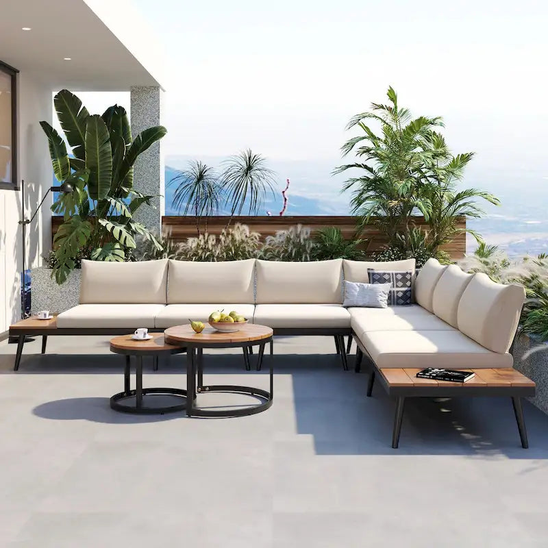 Outdoor Sectional with Cushioned Seating - Sturdy Acacia Wood, Rustic Style
