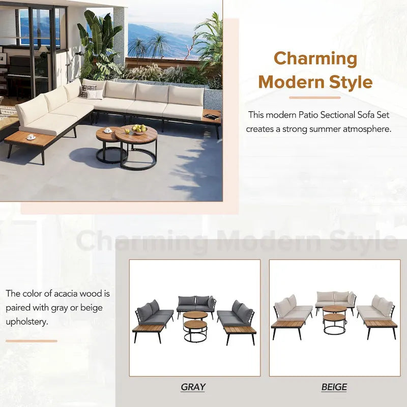 Outdoor Sectional with Cushioned Seating - Sturdy Acacia Wood, Rustic Style