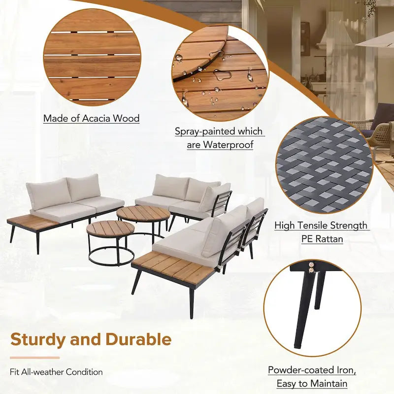 Outdoor Sectional with Cushioned Seating - Sturdy Acacia Wood, Rustic Style