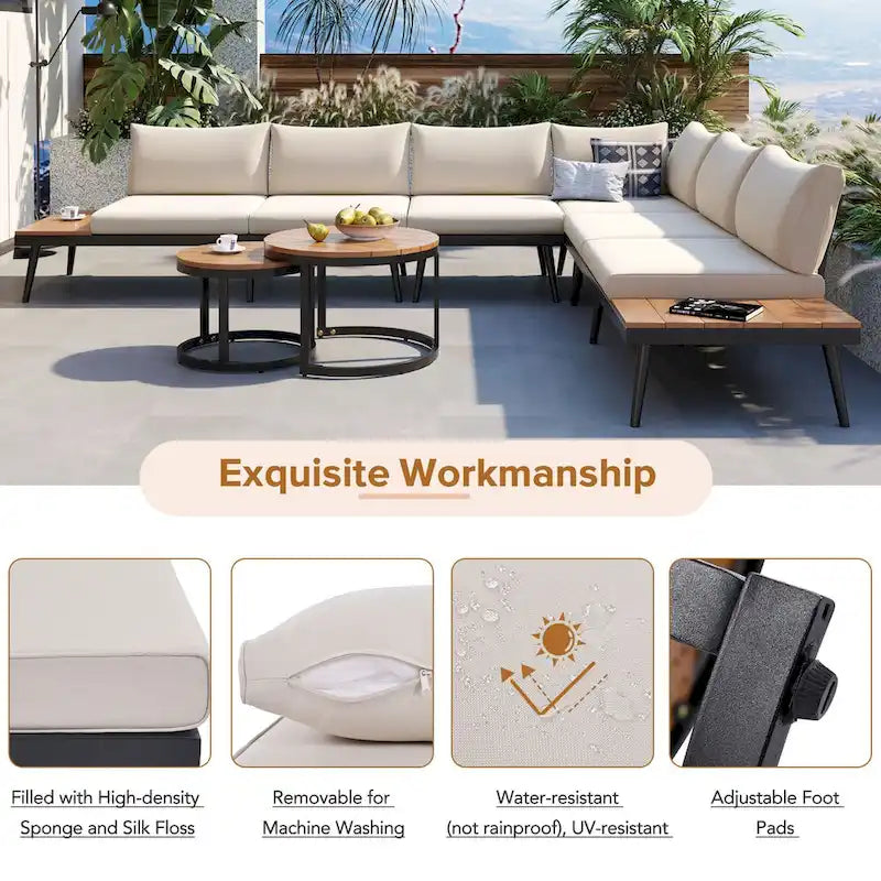 Outdoor Sectional with Cushioned Seating - Sturdy Acacia Wood, Rustic Style