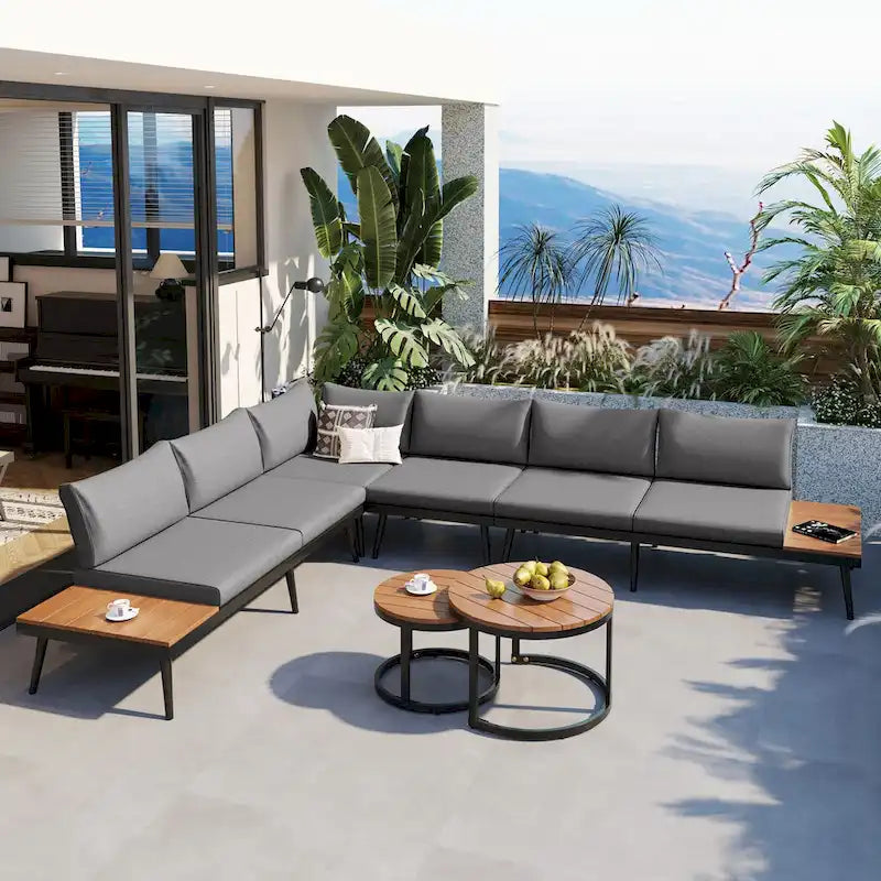 Outdoor Sectional with Cushioned Seating - Sturdy Acacia Wood, Rustic Style