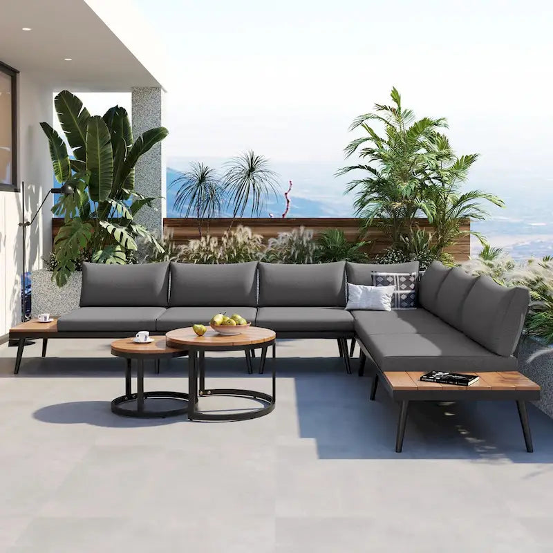 Outdoor Sectional with Cushioned Seating - Sturdy Acacia Wood, Rustic Style