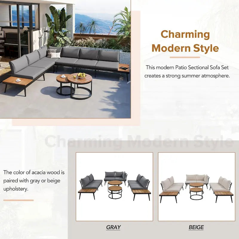 Outdoor Sectional with Cushioned Seating - Sturdy Acacia Wood, Rustic Style