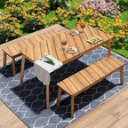3 Pieces Acacia Wood Table Bench Dining Set For Outdoor & Indoor Furniture With 2 Benches, Picnic Beer Table for Patio